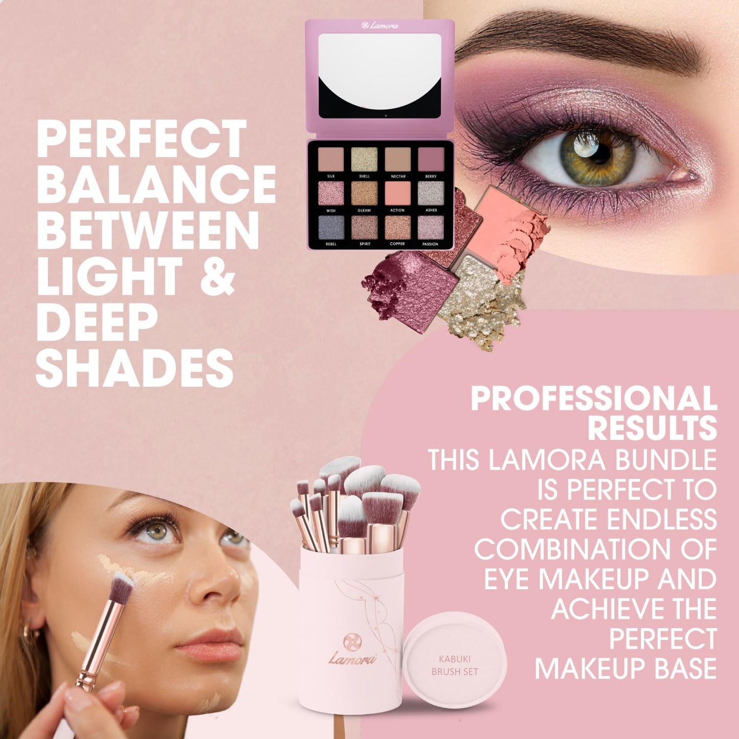 Lamora Eyeshadow Palette (Rose) with Kabuki Makeup Brush Set