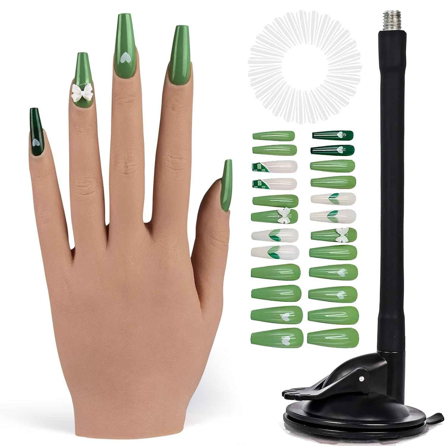 Flexible Silicone Practice Hand for Acrylic Nails with 528 Nail Tips & Stand