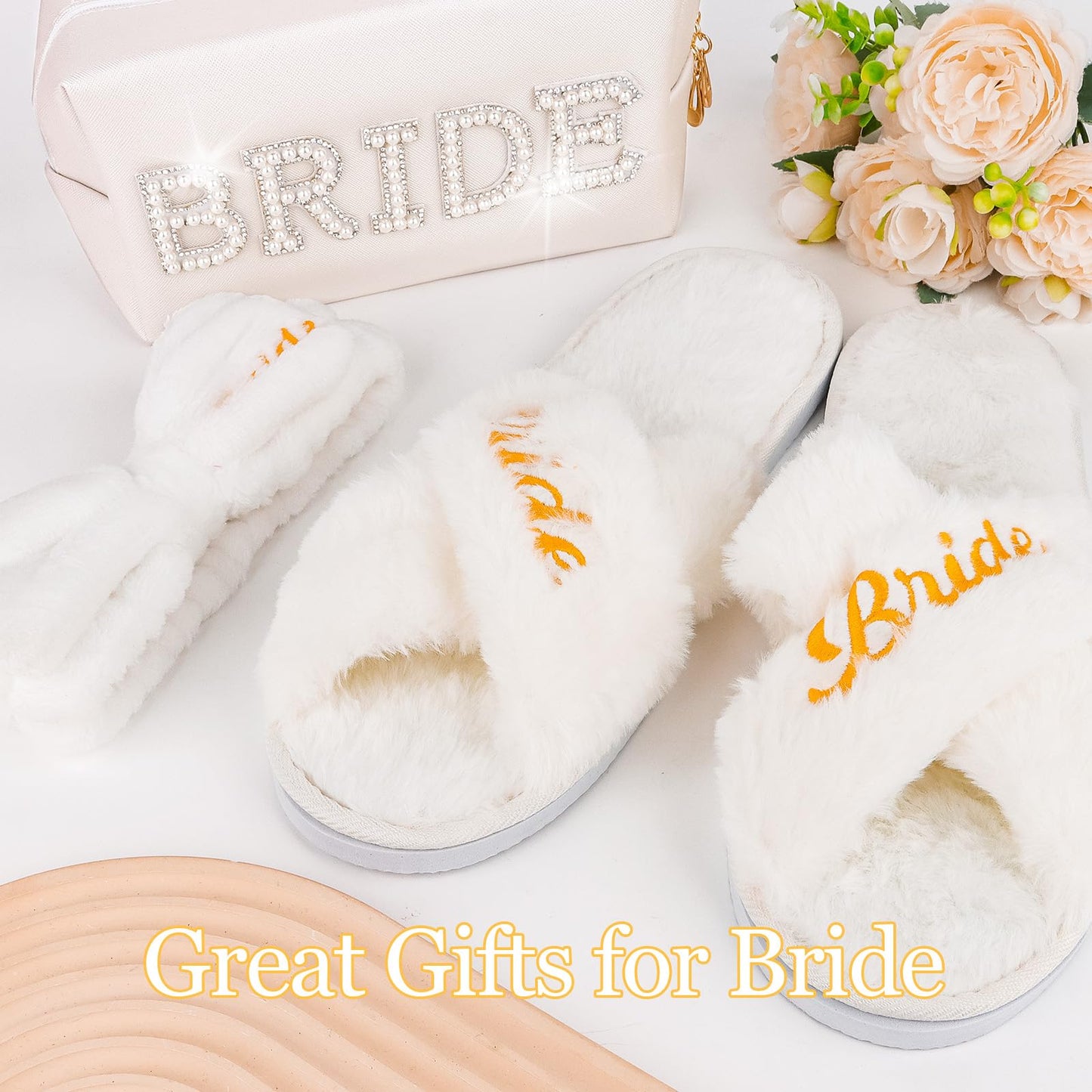 CIEHER Bride To Be Gift Set - Bride Spa Headband & Slippers, Makeup Bag, Bridal Gifts for Bachelorette Party Favors Bridal Shower Wedding Day