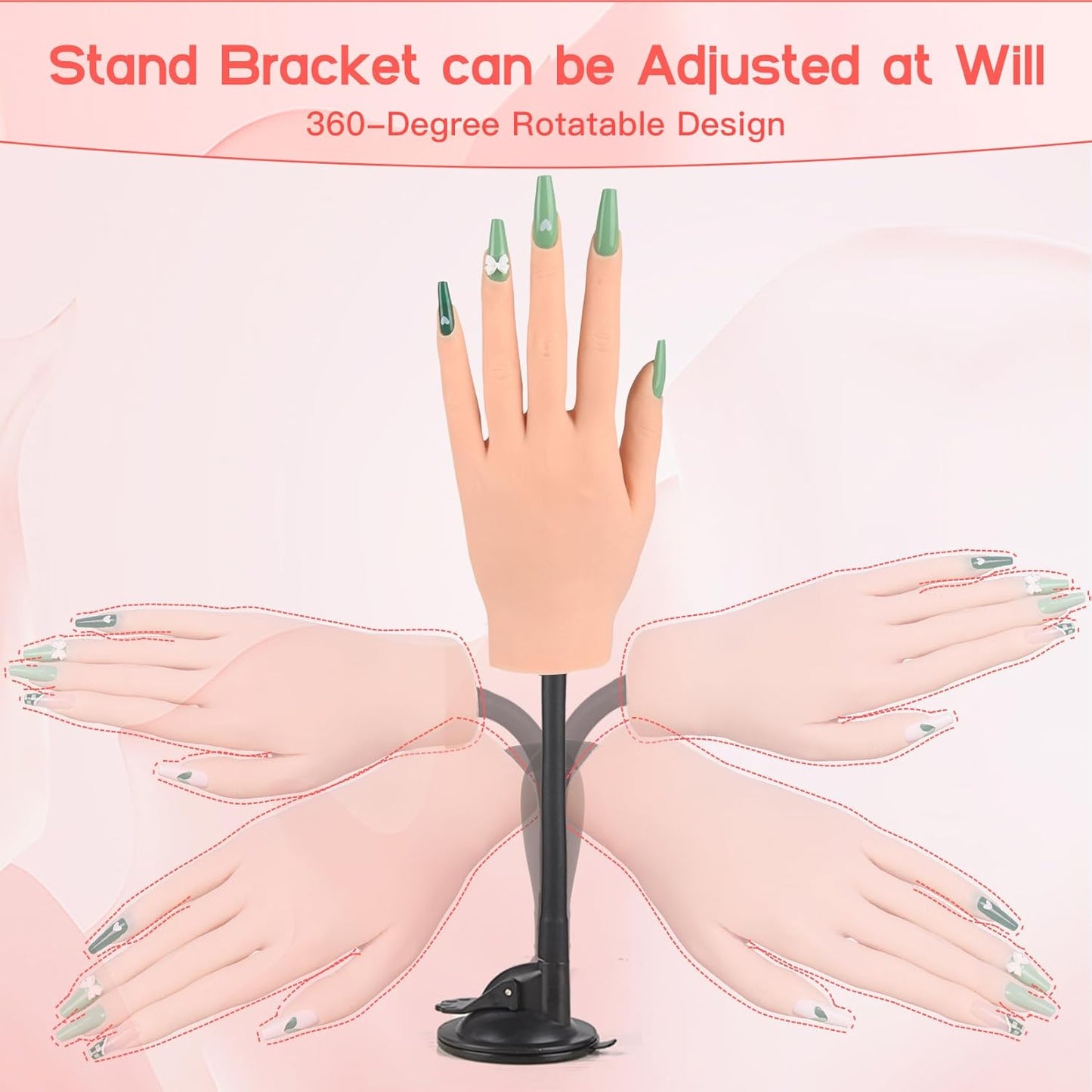 Flexible Silicone Practice Hand for Acrylic Nails with 528 Nail Tips & Stand