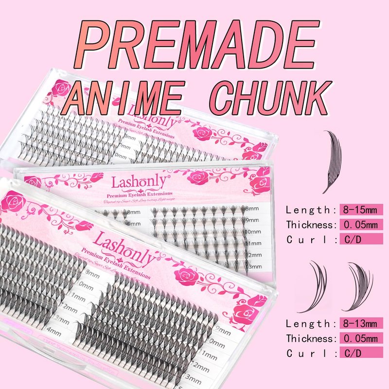 Anime Comic Spire Lash Premade Fans Feathered Premade Fans Soft Fluffy Dark Matte Lash Extensions(0.05C/D,MIX8-15) (C CURL, 0.05)