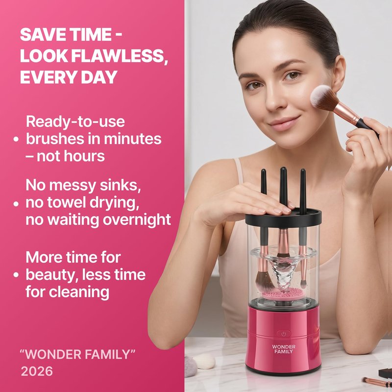Electric Makeup Brush Cleaner โ Automatic Brush Washer for Brushes & Sponges, USB Rechargeable Cleaning Machine with Silicone Disk, Portable Holder Stand (Pink) (Pink)