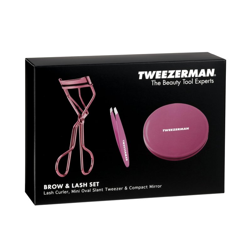 Tweezerman Brow & Lash Set - Compact Mirror, Mini Slant Tweezer and Lash Curler for All Eye Shapes