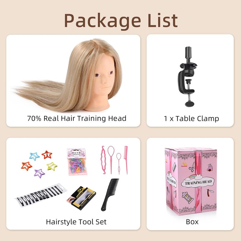 Human Hair Mannequin Head - 70% Real Hair Cosmetology Practice Doll for Hair Styling & Braiding