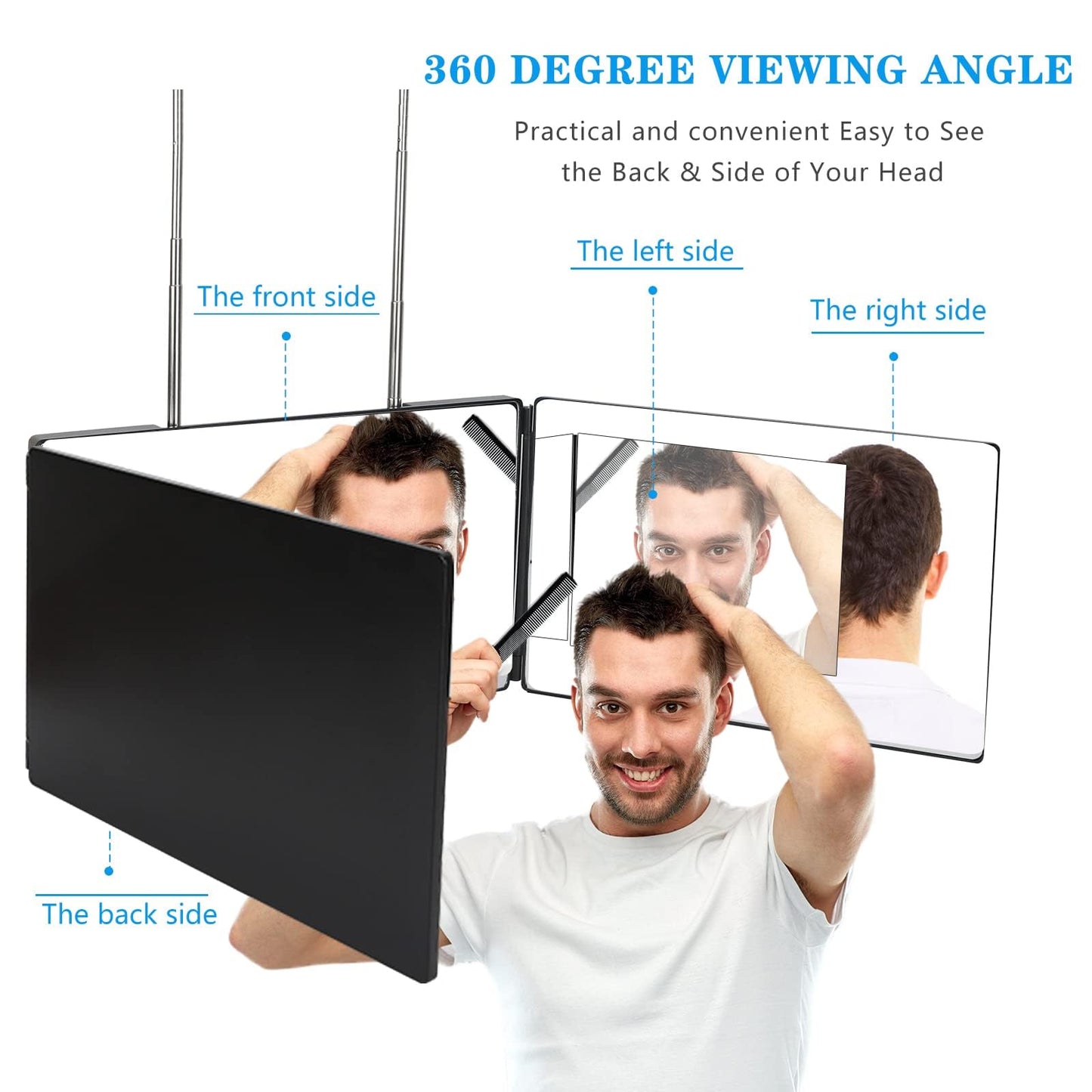 JANMPASK 3 Way Mirror for Self Hair Cutting Tools with Height Adjustable Mirror 360 Trifold for Makeup to See Back of Head (Black)