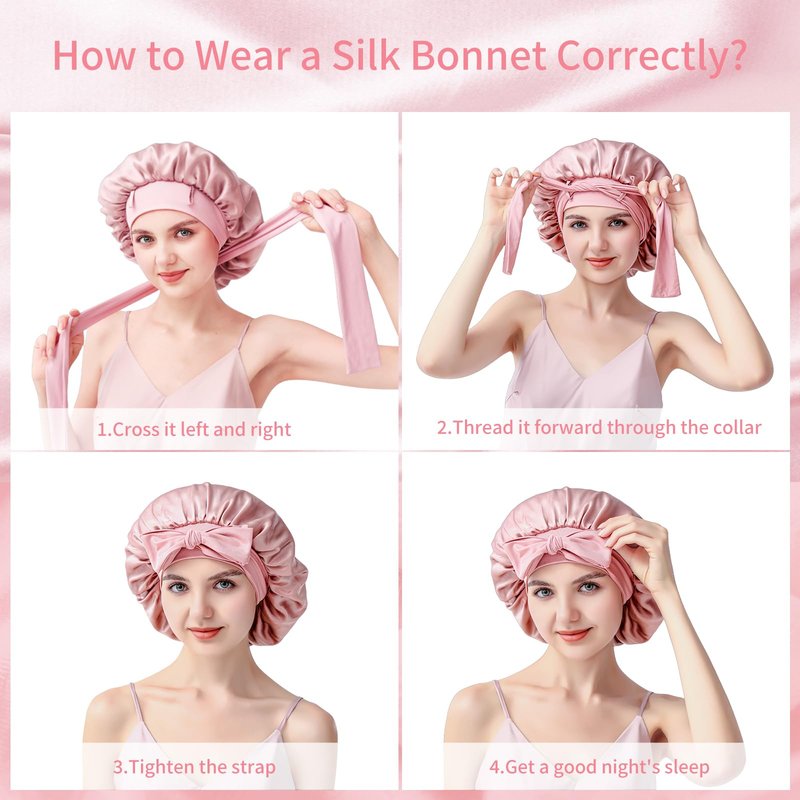 Silk Bonnet for Sleeping Women, 22 Momme 100% Mulberry Silk Sleep Cap with 2 Matching Silk Scrunchies, Double-Sided Wearable Hair Bonnet for Night Hair Care and All Hair Types - Lotus-root Pink
