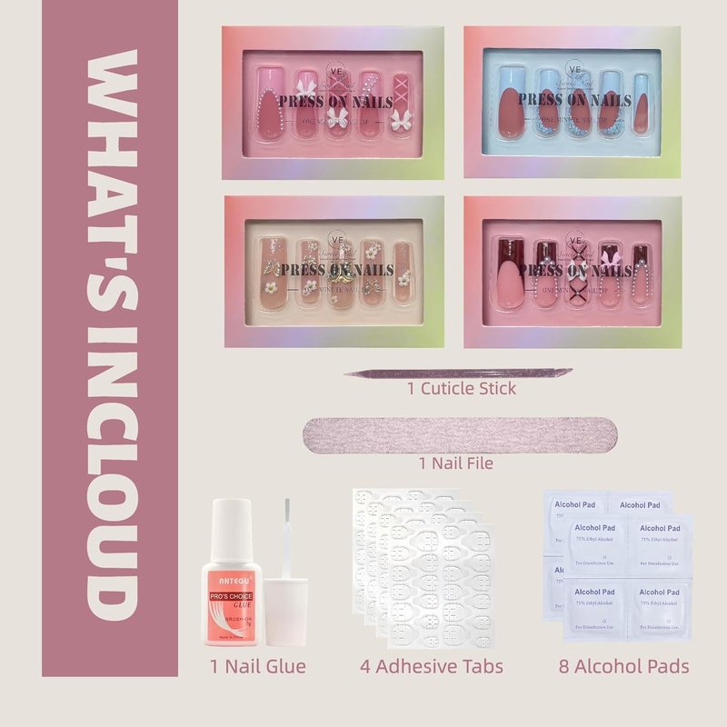 Extra Long Square Press-On Nails - 4 Box Set with 3D Designs | Stylish False Nail Tips for Women | Perfect Gift Idea