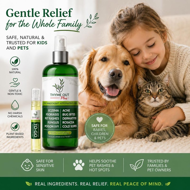 Thyme Out Plus Natural Skin Relief Spray for Eczema, Acne, Bug Bites & Irritated Skin – Safe for Babies, Kids & Pets – Gentle Non-Toxic Face & Body Mist with Organic Thyme + Oat Support