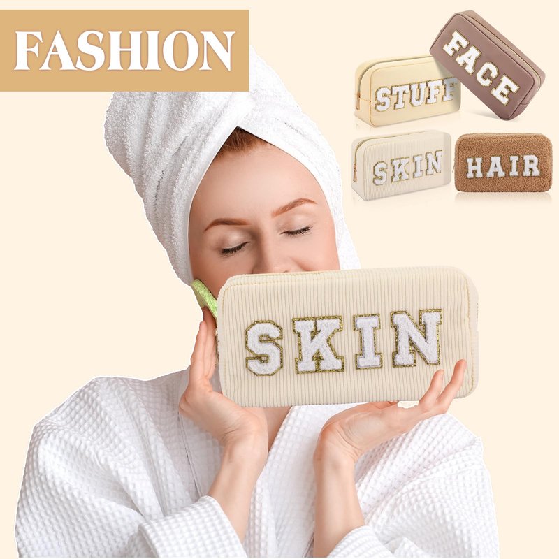 Kajaia 4 Pcs Preppy Makeup Bags Chenille Letter Bag Hair Face Skin Stuff Cosmetic Pouch Cases for Women Travel Toiletry Spend The Night(Beige, Brown, Milk White, Coffee,Fresh)