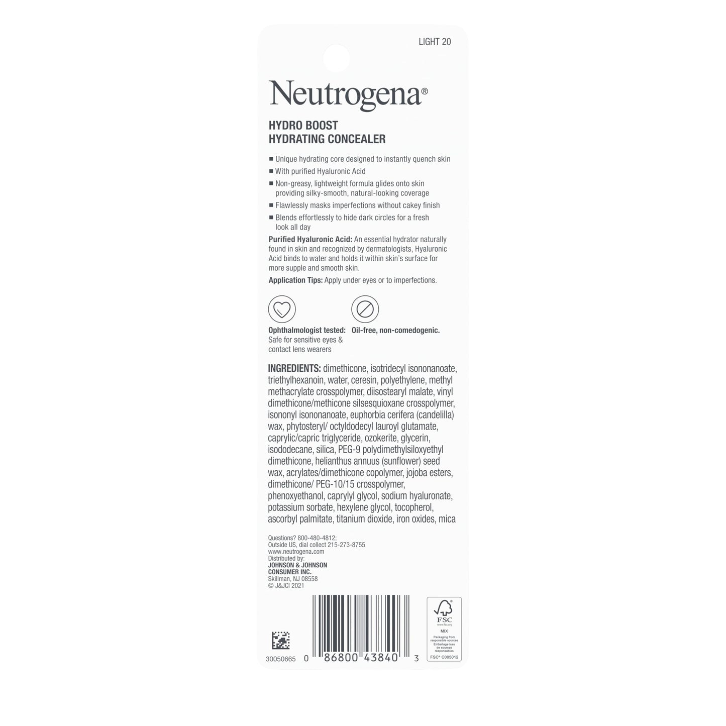 Neutrogena Hydro Boost Hydrating Concealer Stick for Dry Skin, Oil-Free, Lightweight, Non-Greasy and Non-Comedogenic Cover-Up Makeup with Hyaluronic Acid, 20 Light, 0.12 Oz