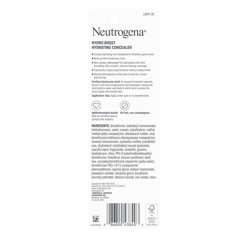 Neutrogena Hydro Boost Hydrating Concealer Stick for Dry Skin, Oil-Free, Lightweight, Non-Greasy and Non-Comedogenic Cover-Up Makeup with Hyaluronic Acid, 20 Light, 0.12 Oz