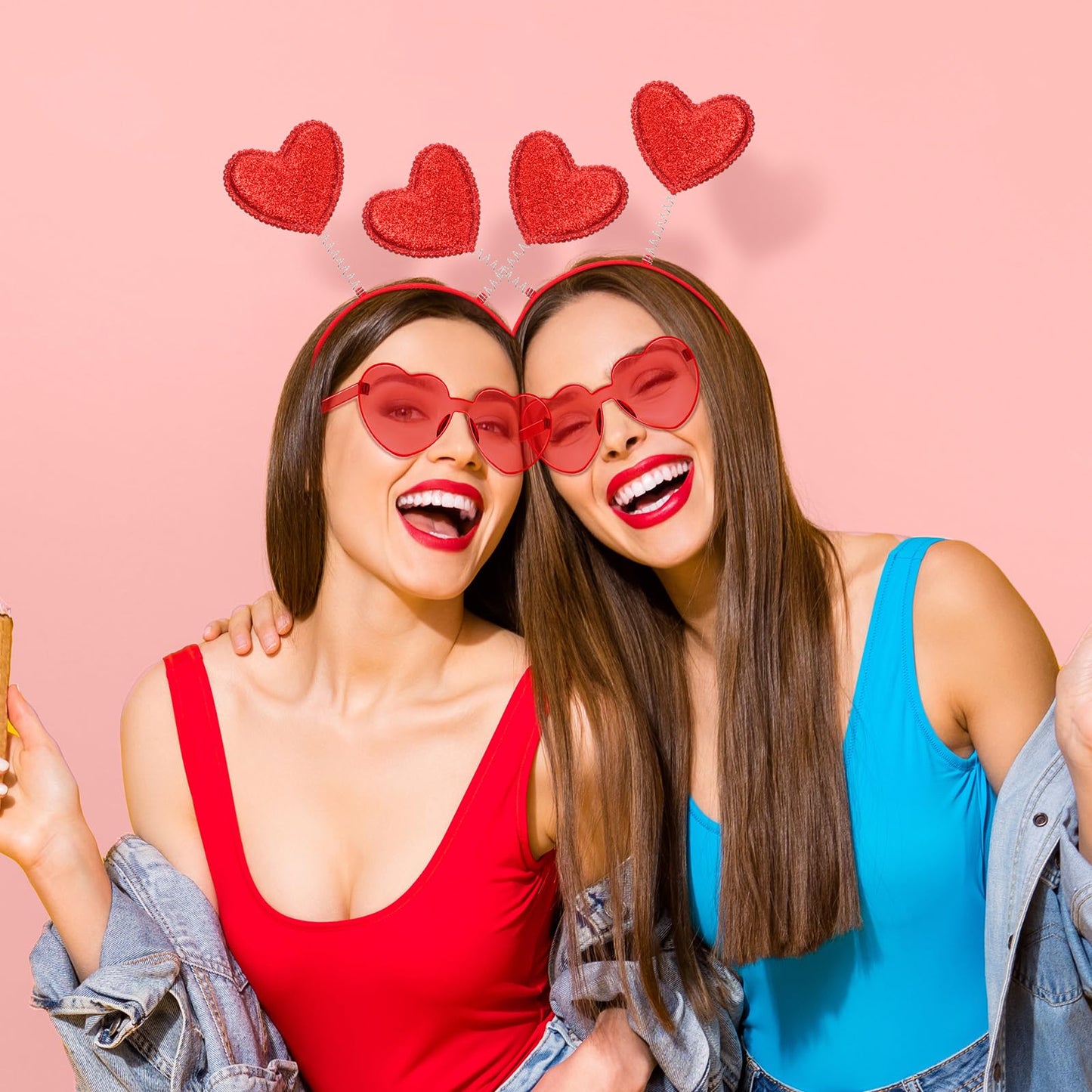 Yunsailing 48 Pcs Valentines Heart Head Boppers Headbands and Heart Sunglasses for Party Accessories(Red)