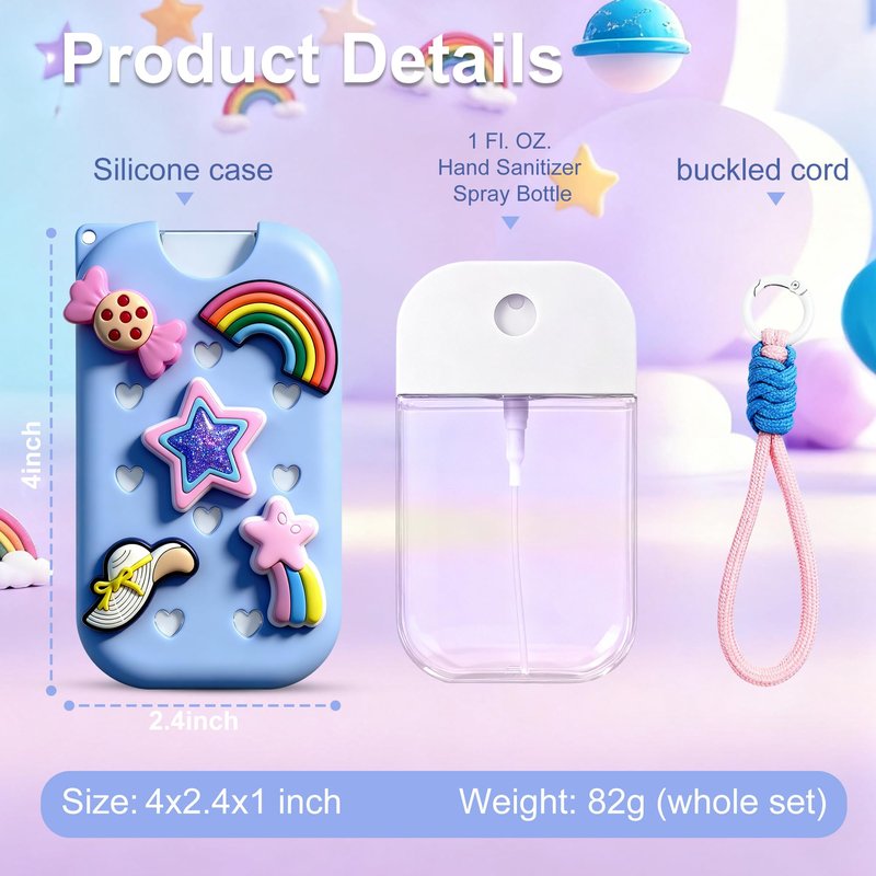 Feazac Refillable Spray Bottle 1.5oz (45ml) with Silicone Protective Case, Keychain Strap & Charms, Travel Size Hand Sanitizer Spray Container, Compatible with 45ml Flat Spray Bottles(blue)
