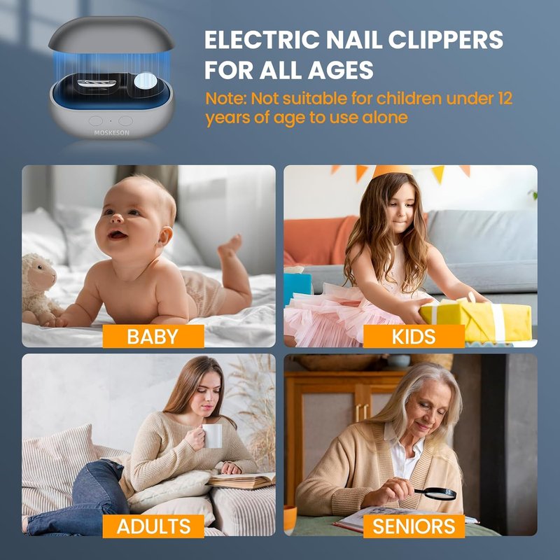 Electric Nail Clipper - 3-in-1 Automatic Fingernail Trimmer & Polisher with LED Light | USB Rechargeable, 2 Speed Gears, Safety Cutter for All Ages (Grey)