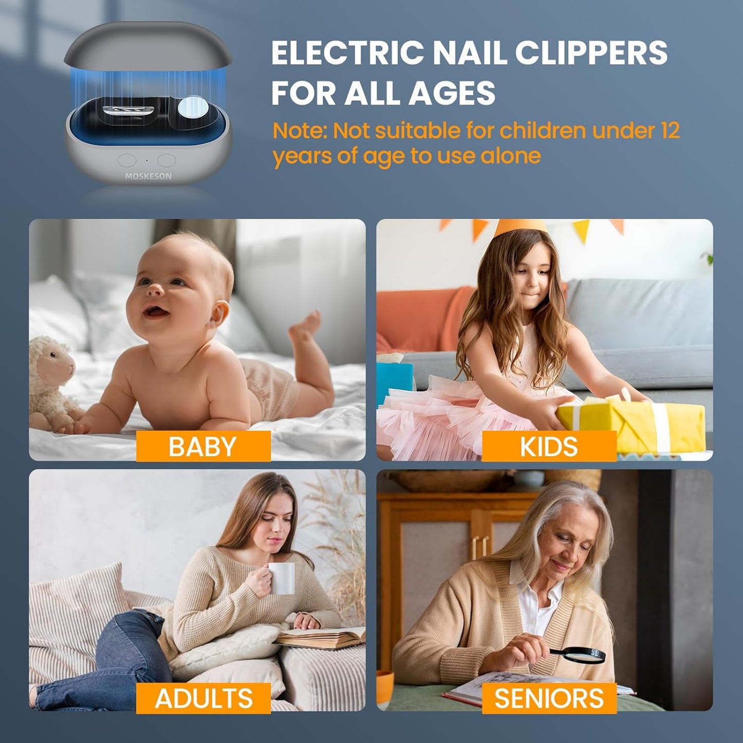 Electric Nail Clipper - 3-in-1 Automatic Fingernail Trimmer & Polisher with LED Light | USB Rechargeable, 2 Speed Gears, Safety Cutter for All Ages (Grey)