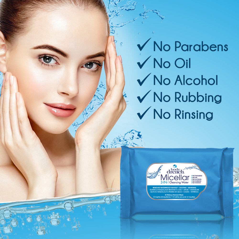 Body Drench 3-in-1 Micellar Water Makeup Remover Wipes – Removes Waterproof Makeup, Facial Cleanser, 30 Ct. (6 Pack)