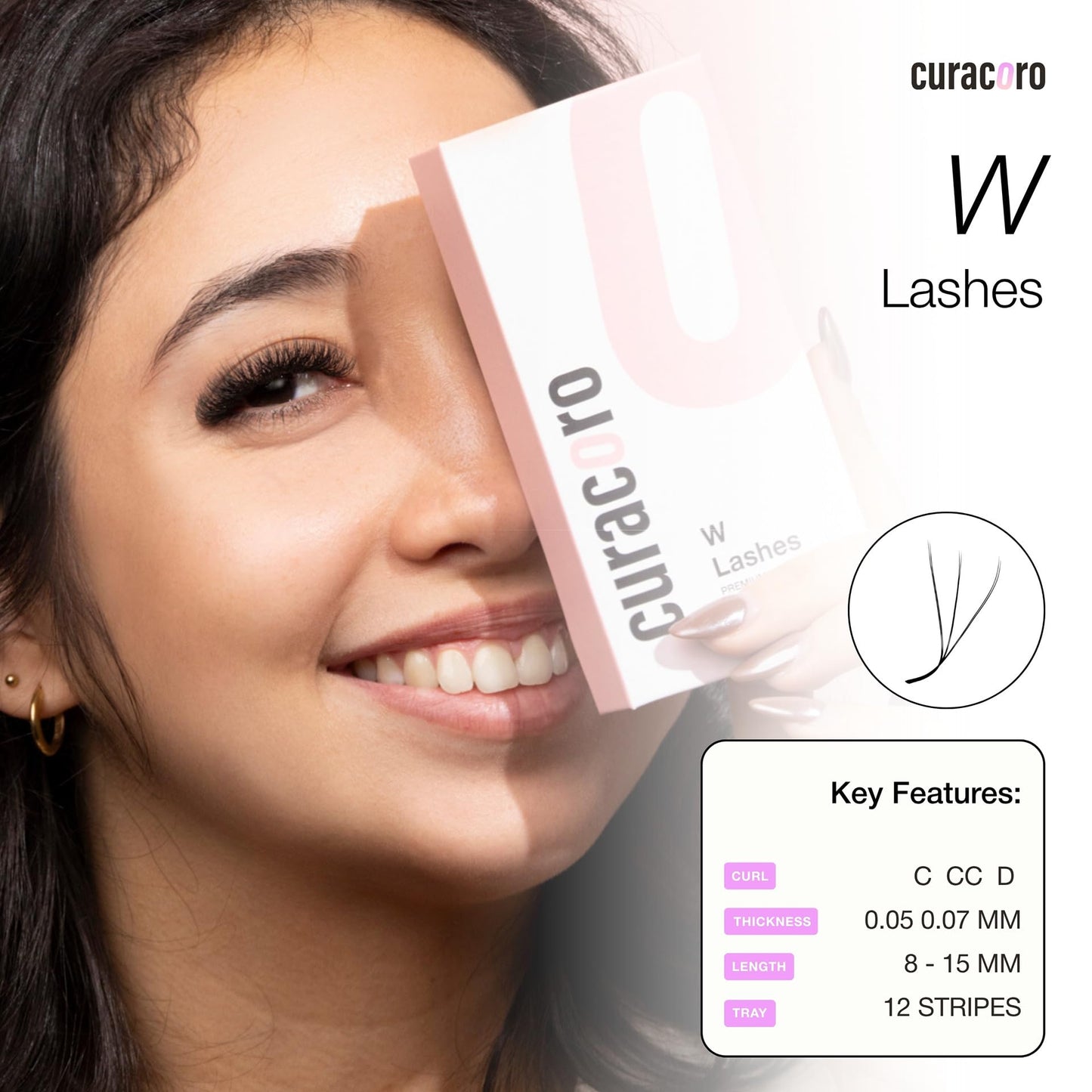 Curacoro W Eyelashes Extensions - 3D Handmade Volume Eyelashes, 0.07 CC Curl 9mm - 15mm Length Mixed Tray, Full Fluffy Volume Look, Long Lasting & Easy Application