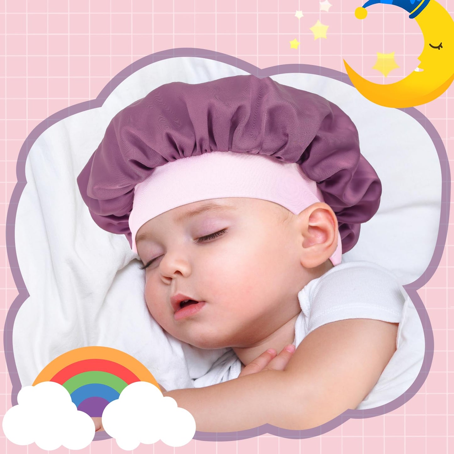 Lolalet 2 PCS Kids Bonnets for Girls, Reversible Silk Bonnet for Sleeping Satin Bonnet Cap with Wide Elastic Band -Violet & Champagne