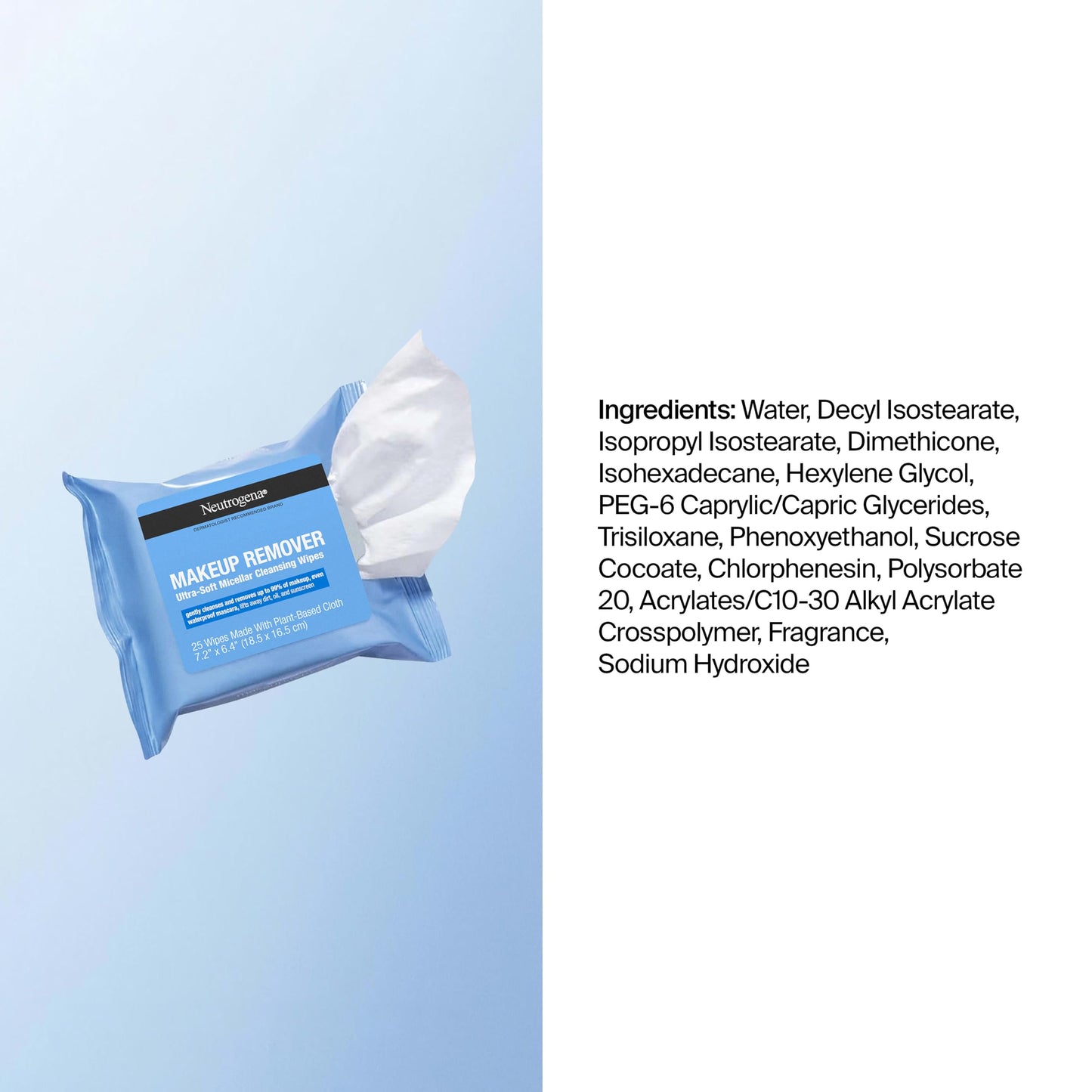 Neutrogena Makeup Remover Towelettes for Face with Micellar Water Daily Alcohol-Free Gently Removes Oil Dirt and Waterproof Makeup in a Simple Fully Plant-Based Cloth, 25 ct