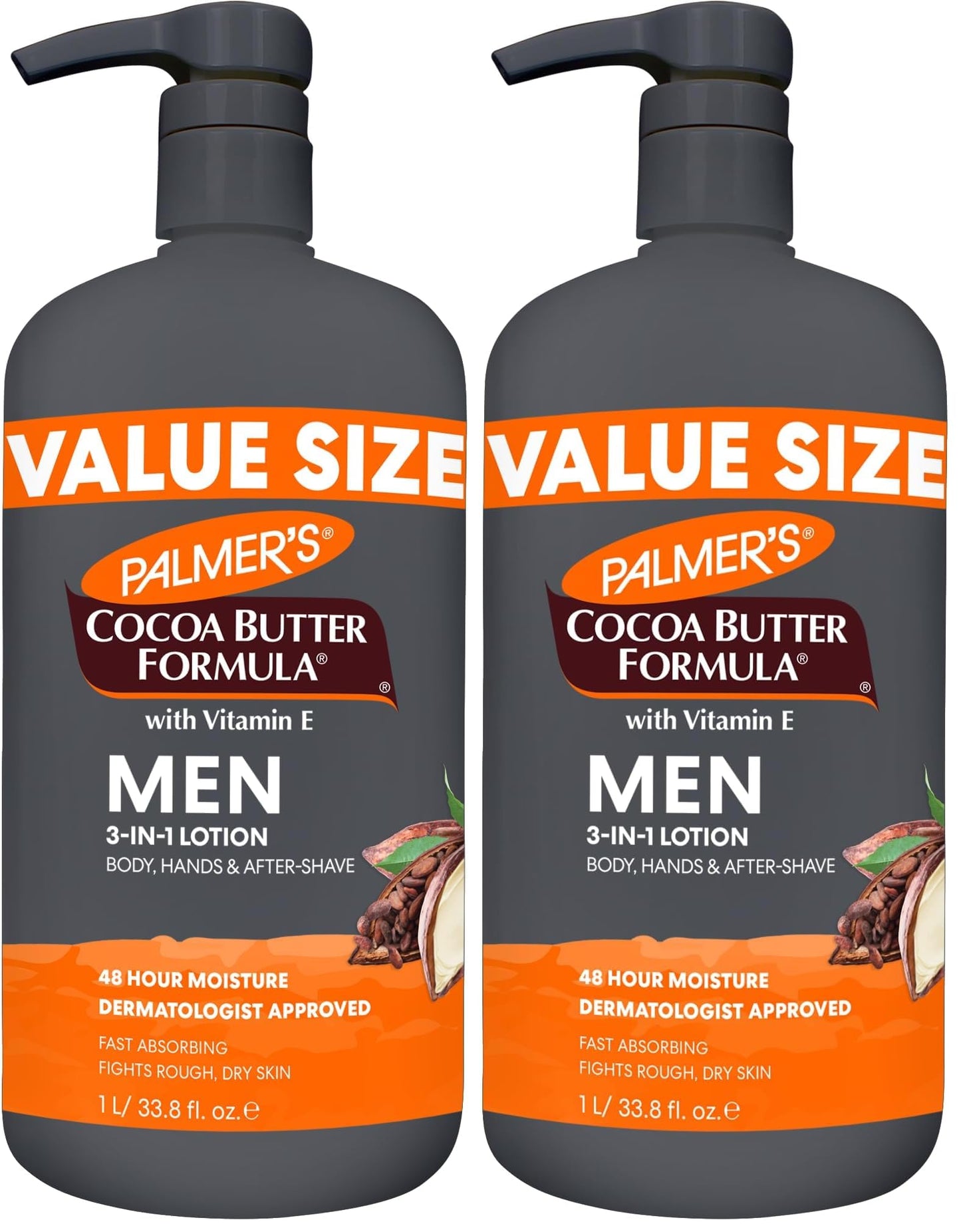 Palmer's Cocoa Butter Formula Men's Face Moisturizer&Body Lotion for Dry Skin,33.8oz,3-in-1Fast Absorbing Lotion for Men,48Hr Hydration with Vitamin E,Soothes Dryness,Dermatologist Approved(Pack of 2)