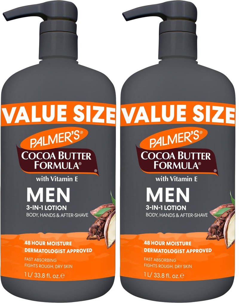 Palmer's Cocoa Butter Formula Men's Face Moisturizer&Body Lotion for Dry Skin,33.8oz,3-in-1Fast Absorbing Lotion for Men,48Hr Hydration with Vitamin E,Soothes Dryness,Dermatologist Approved(Pack of 2)