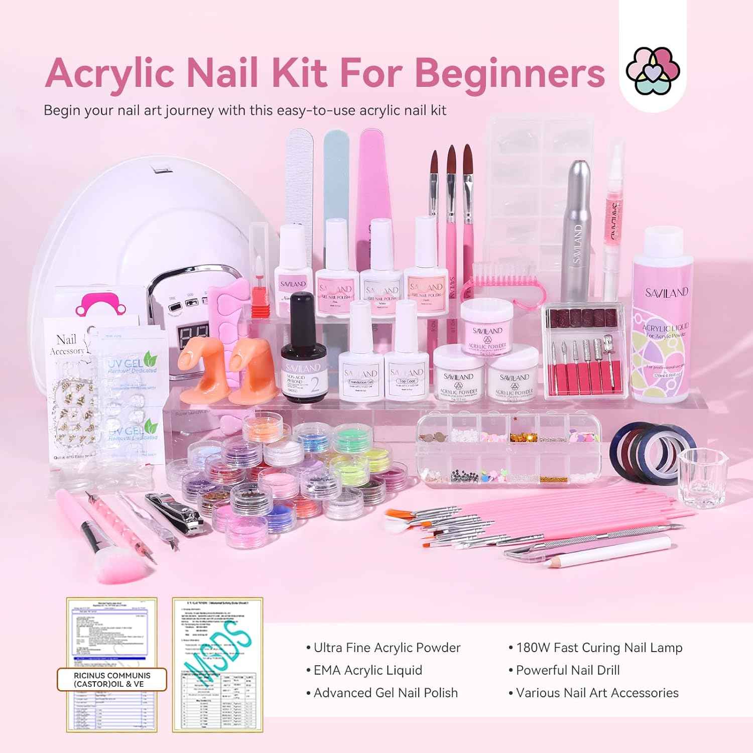 Saviland Acrylic Nail Kit for Beginners - 180W Nail Lamp, Keratin Powder & Gel Polish