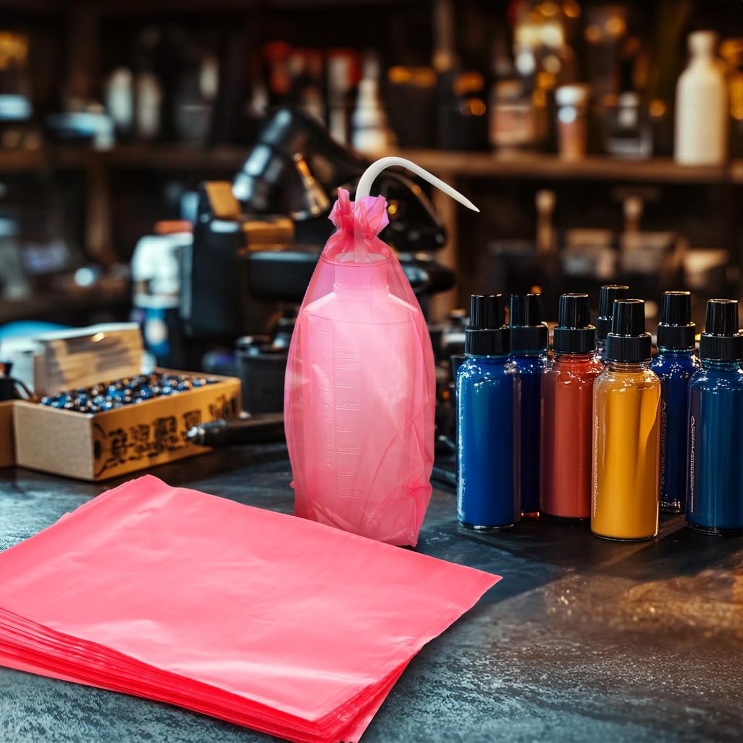 ZOOFOX 500 Disposable Tattoo Wash Bottle Bags - Pink Odorless Squeeze Covers | Ideal for Tattoo Supplies