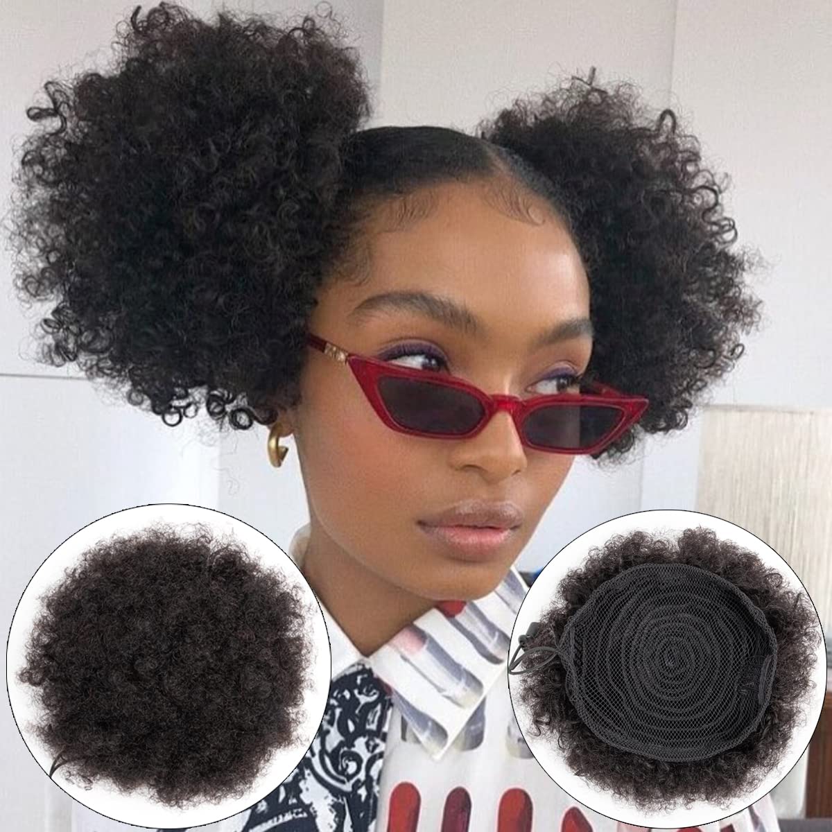 Afro Puffs Large Human Hair Buns - Natural Drawstring Ponytail Extensions | 8 Inch Natural Black for Women