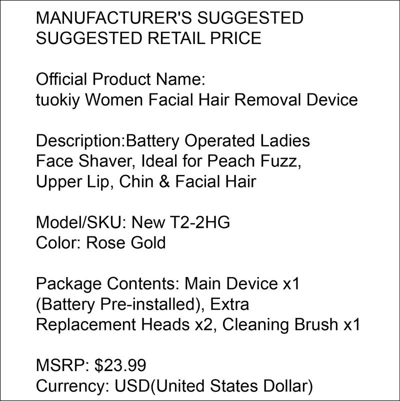 tuokiy Women Facial Hair Removal Device Battery Operated with 2 Replacement Heads,Ladies Face Shaver for Peach Fuzz Upper Lip,Chin, Facial Hair Removal for Women, Rose Gold