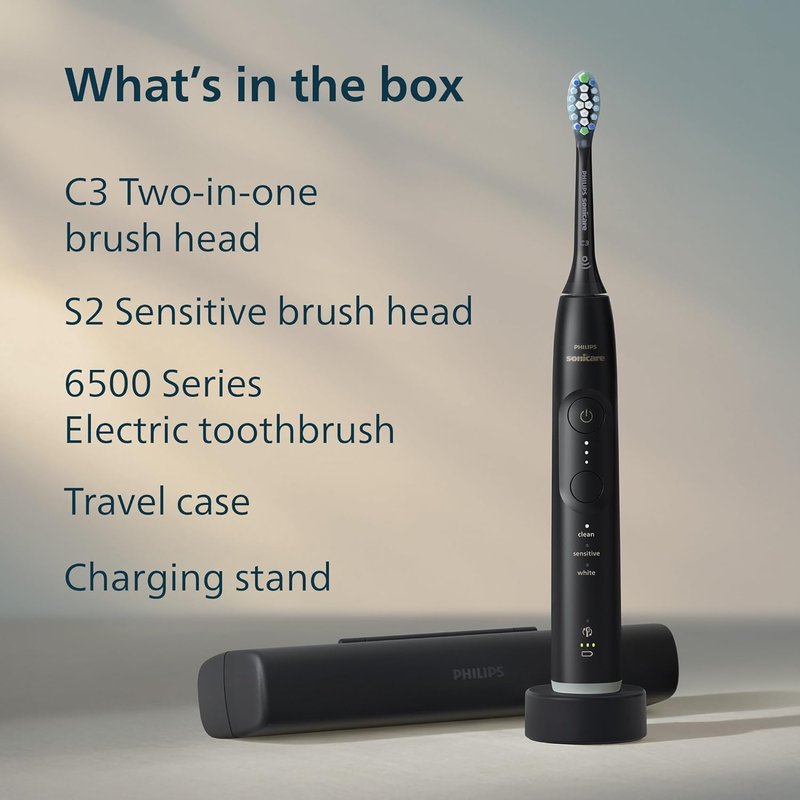 Philips Sonicare 6500 Series Electric Toothbrush - Sonic Technology, 9 Settings, Pressure Sensor | Black, HX7411/08