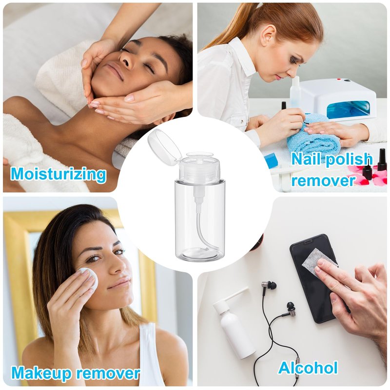 Zhehao 24 Pcs Push Down Pump Dispenser Nail Polish Remover Pump Lockable Empty Bottle Refillable Clear Cosmetic Container with Label for Liquid Acetone Nail Polish and Makeup Remover, 6.8 oz/ 200 ml