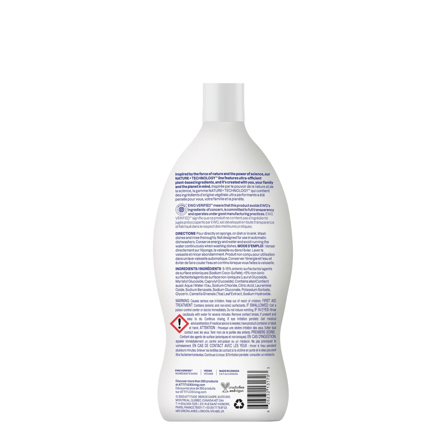 ATTITUDE Dish Soap, EWG Verified, Plant-Based & Vegan Dishwashing Liquid, Naturally Derived, Unscented, 23.7 Fl Oz