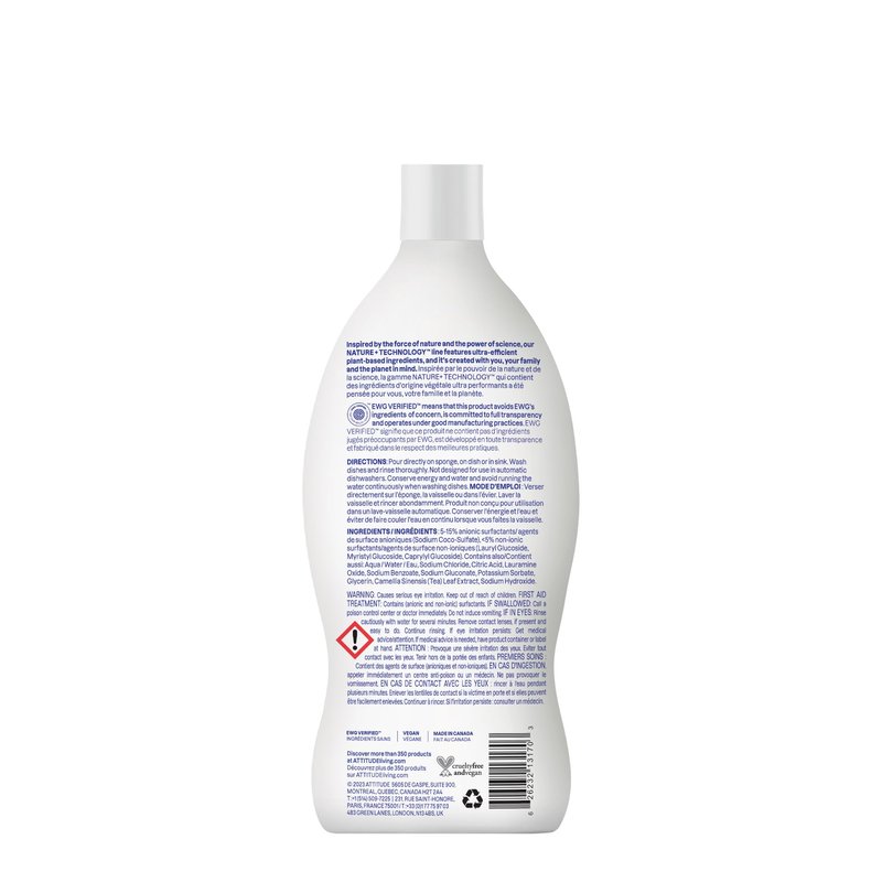 ATTITUDE Dish Soap, EWG Verified, Plant-Based & Vegan Dishwashing Liquid, Naturally Derived, Unscented, 23.7 Fl Oz