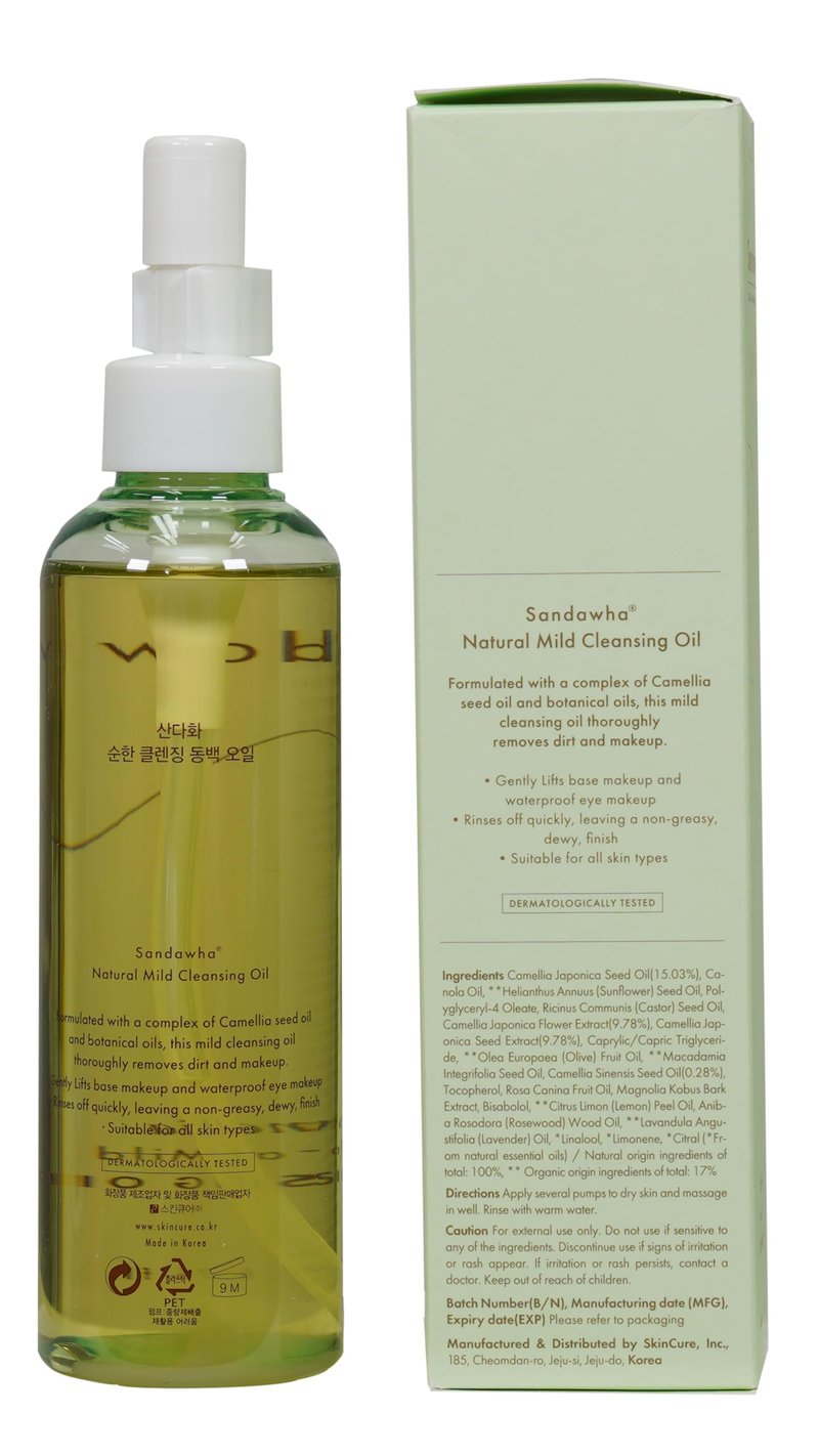 SanDaWha SKINCURE Camellia Natural Mild Cleansing Oil - Korean Skincare Deep Makeup Remover & Pore Cleanser for Blackheads and Sebum with 8 Plant Oils, Ideal for Sensitive Skin, 6.76 fl. oz.