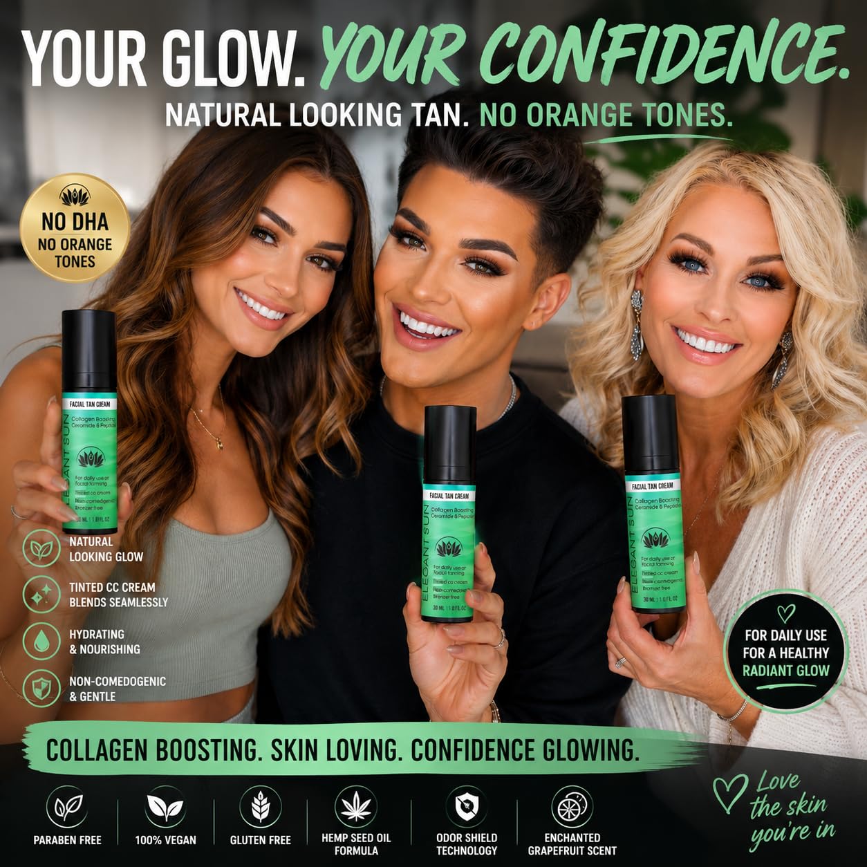 Flawless Glow Collagen-Boosting Facial Tan Cream – Peptide CC Serum with Copper Peptides GHK-Cu, Ceramides & Hyaluronic Acid – Bronzer-Free, No DHA, Hydrating Anti-Aging Daily Moisturizer (1 fl oz)