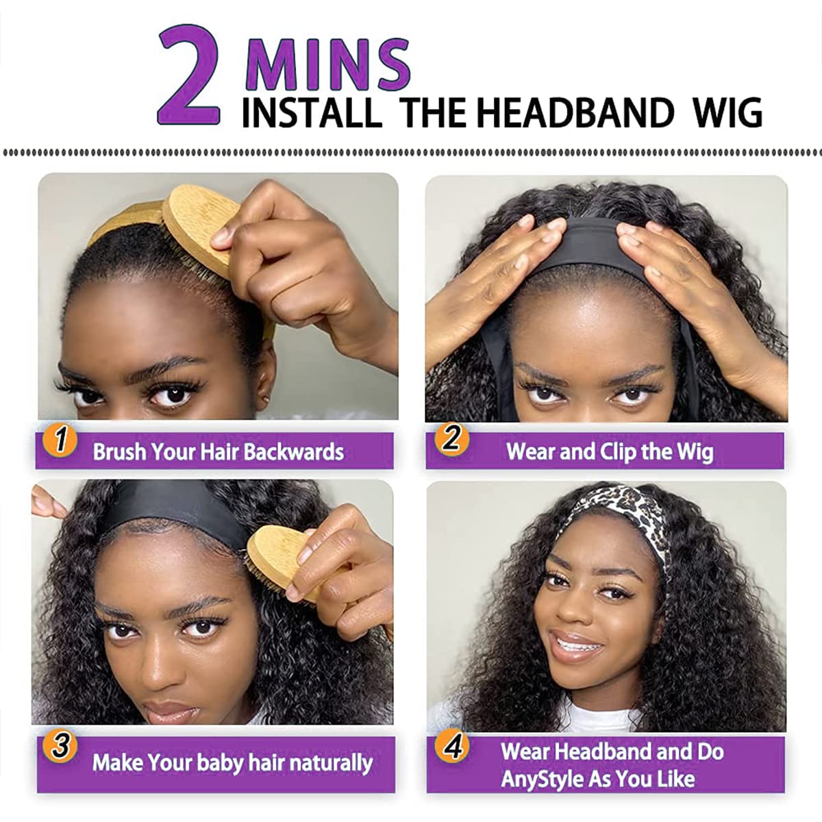 Water Wave Headband Wig Human Hair Glueless None Lace Headband Wig Brazilian Human Hair Machine Made Curly Wigs for Black Women, Short Wigs Kinky Curly Weave 100% Unprocessed Hair 150% Density 12 Inch