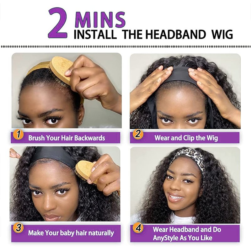 Water Wave Headband Wig Human Hair Glueless None Lace Headband Wig Brazilian Human Hair Machine Made Curly Wigs for Black Women, Short Wigs Kinky Curly Weave 100% Unprocessed Hair 150% Density 12 Inch