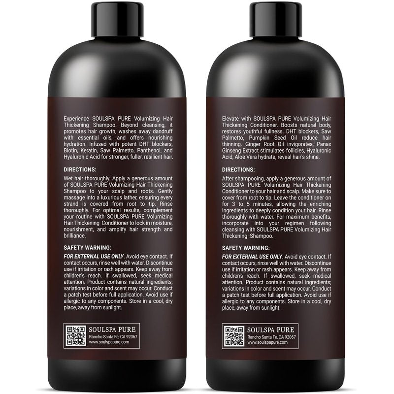 SOULSPA PURE Thickening Shampoo and Conditioner Set - Volumizing Formula with DHT Blockers, Biotin, Keratin, Caffeine & Saw Palmetto - Hair Thickening for Men & Women - 16 fl oz Each