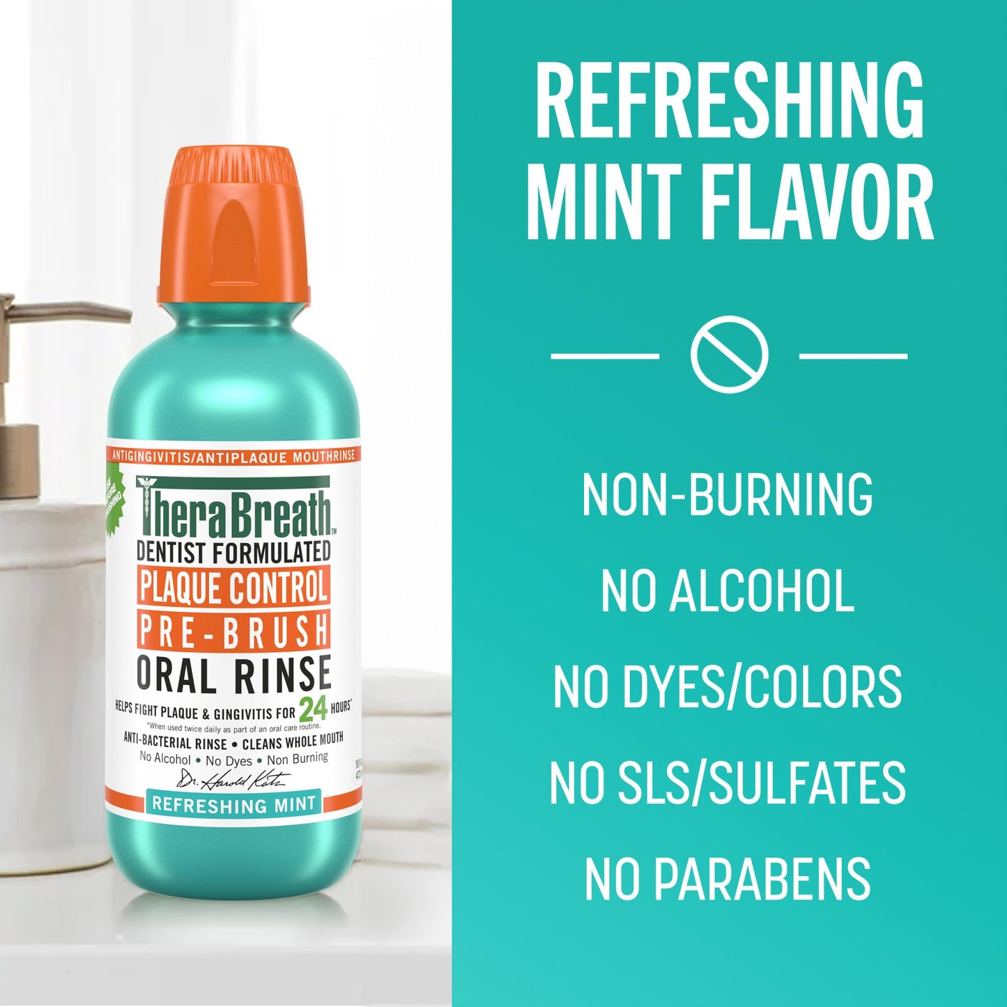 TheraBreath Plaque Control Pre-Brush Oral Rinse, Refreshing Mint Flavor, Antigingivitis and Antiplaque Rinse, Dentist Formulated, Alcohol Free, 16 Fl Oz