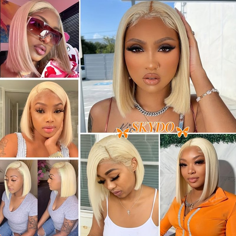 SKYDO 613 Blonde Bob Wig Human Hair 13x4 HD Bob Lace Front Wigs Human Hair Pre Plucked 180 Density Blonde Wig Human Hair Short Bob Wigs for Women 10 Inch
