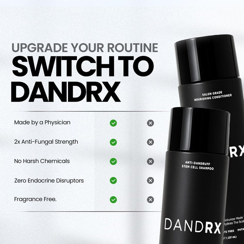 DANDRX Anti-Dandruff Shampoo and Conditioner with 2% Pyrithione Zinc & Stem Cells, Extra Strength for Flaky, Itchy, Oily & Dry Scalp Treatment, Fragrance Free, Color Safe, Sulfate Free