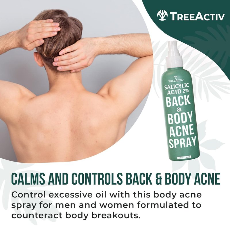 TreeActiv Salicylic Acid Back & Body Acne Spray, Fine Mist Back Spray for Bacne & Chest Acne, Tea Tree + Eucalyptus, Fast-Drying Non-Staining, 4 fl oz (2-Pack, 8 fl oz Total)