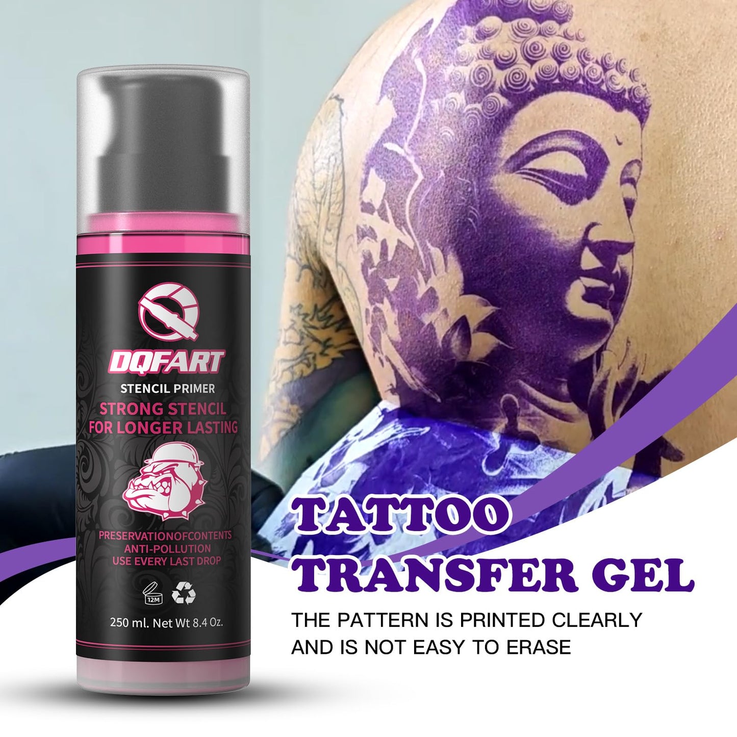 Tattoo Transfer Gel & Stencil Primer, 250ml/8.4oz, Strong Adhesion for Long-Lasting, Crisp Stencils - Prevents Fading & Smudging During Tattoo Sessions