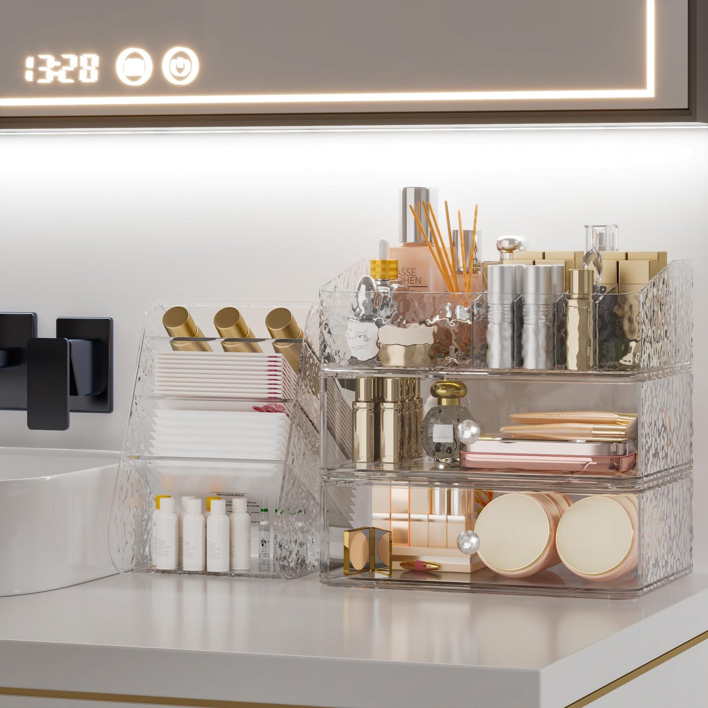 Henyol Makeup Organizer with Brush Holder Plastic Makeup Drawers For Vanity Clear Stackable Storage Case Makeup Organizer For Skincare, Brushes, Lipstick, Nail Polishes, Perfumes, Eyeshadow Palettes