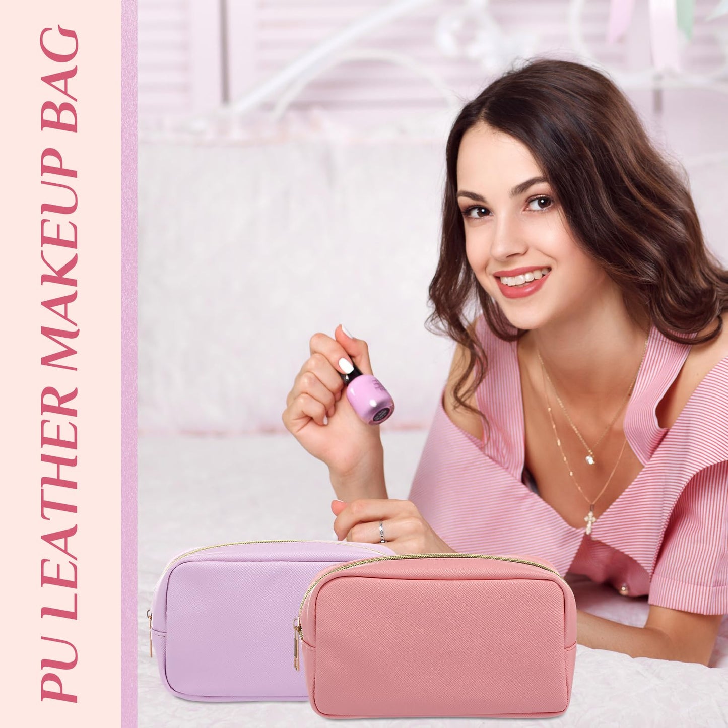 Sweetude 10 Pcs Makeup Bag Bulk for Women Preppy Gift PU Leather Cosmetic Bag Small Skincare Toiletry Pouch Wedding Travel Cosmetic Pouch for Bridesmaid Bride Mother Gift Favors (Pink and Purple)