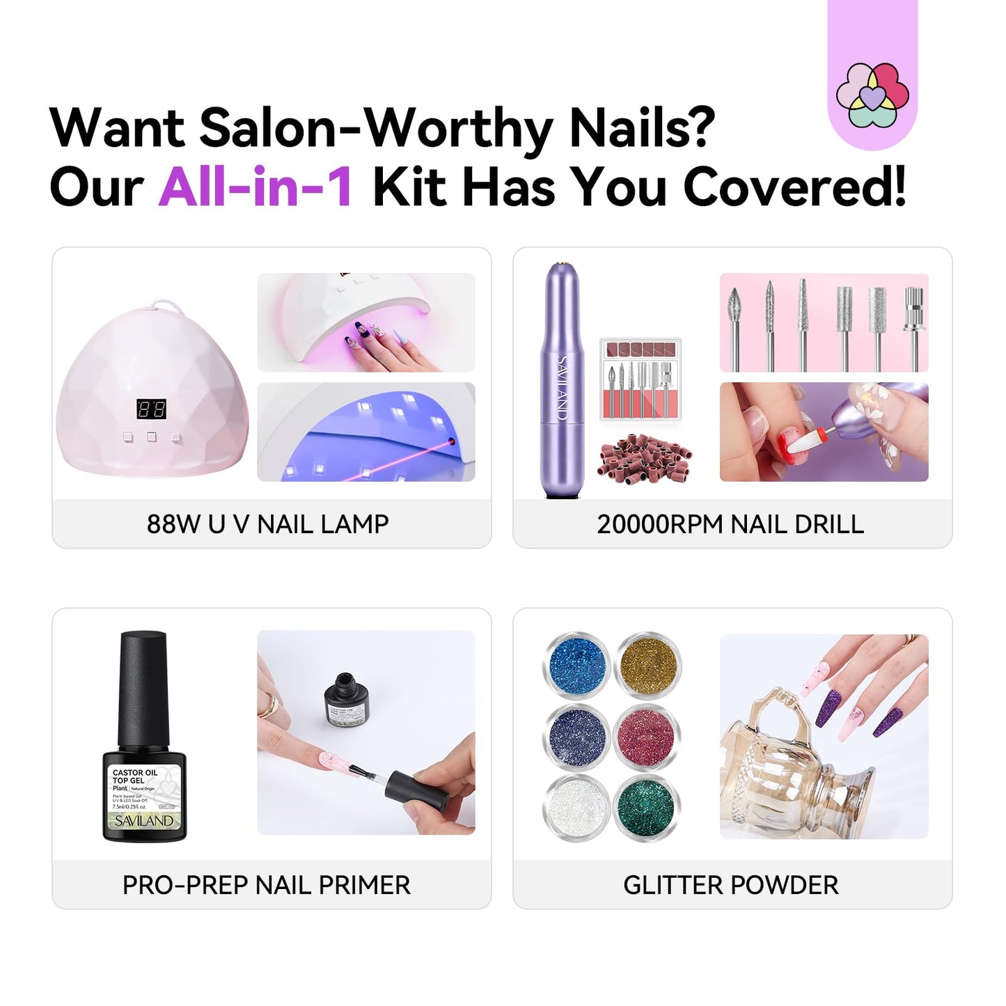 SAVILAND Acrylic Nail Kit: All-In-1 Nails Kit Acrylic Set with 88W Nail Lamp EMA Monomer Gel Nail Polish Nail Drill Cuticle Remover Home DIY Starter