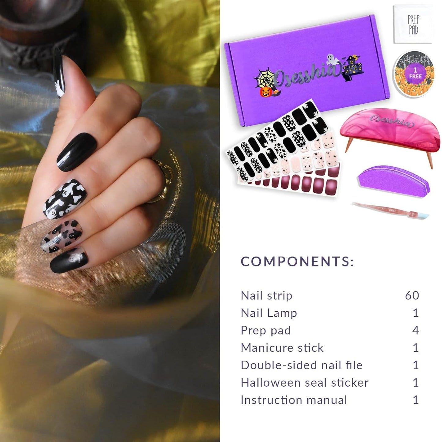 Semi Cured Gel Nail Strip Starter Kit - 60 Nail Stickers, UV Lamp & Tools for Salon Quality Christmas Nails
