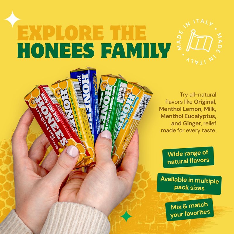 Honees Filled Menthol Cough Drops, Honey, Menthol & Eucalyptus Cough Drops- Natural Sore Throat Relief - Nothing Artificial -Throat Lozenges, Non-GMO (6 Pack –54 Drops)