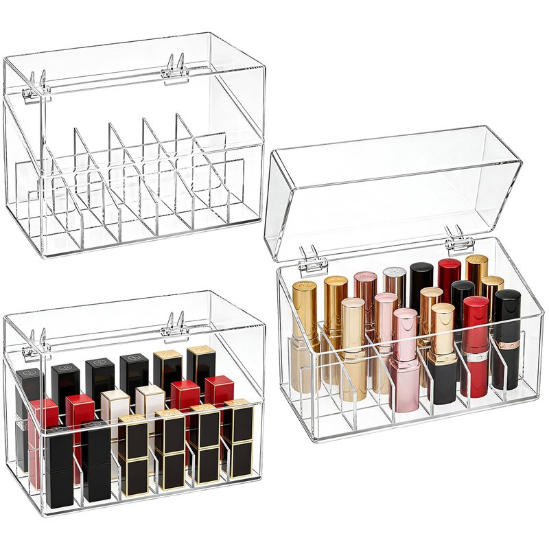Foraineam 3 Pack Lipstick Holder Organizer with Lid, 18 Spaces Clear Acrylic Lipstick Display Stand Container, Dust-proof Beauty Makeup Storage Case for Cosmetic Dresser Vanity Cabinet Display