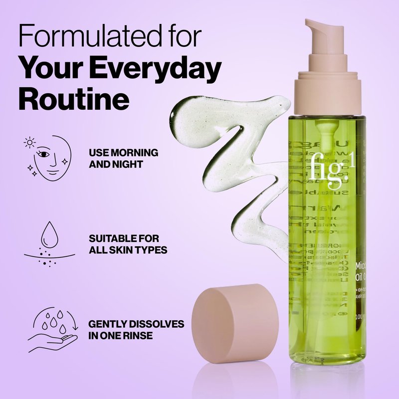 Fig.1 Micellar Oil Cleanser for Face - Makeup Remover Cleansing oil, Facial Cleanser - Squalane & Grapeseed Oil Formula, Cleanse without Clogging Pores, Acne-Prone Facial Skincare, Refillable 3.4 Oz